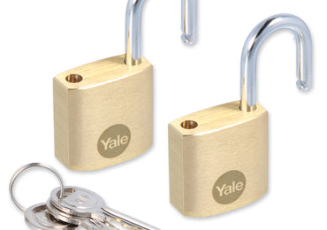 2 Yale 25mm Brass Padlocks with Hardened Steel Shackle & 3 Keys - Padlocks & More